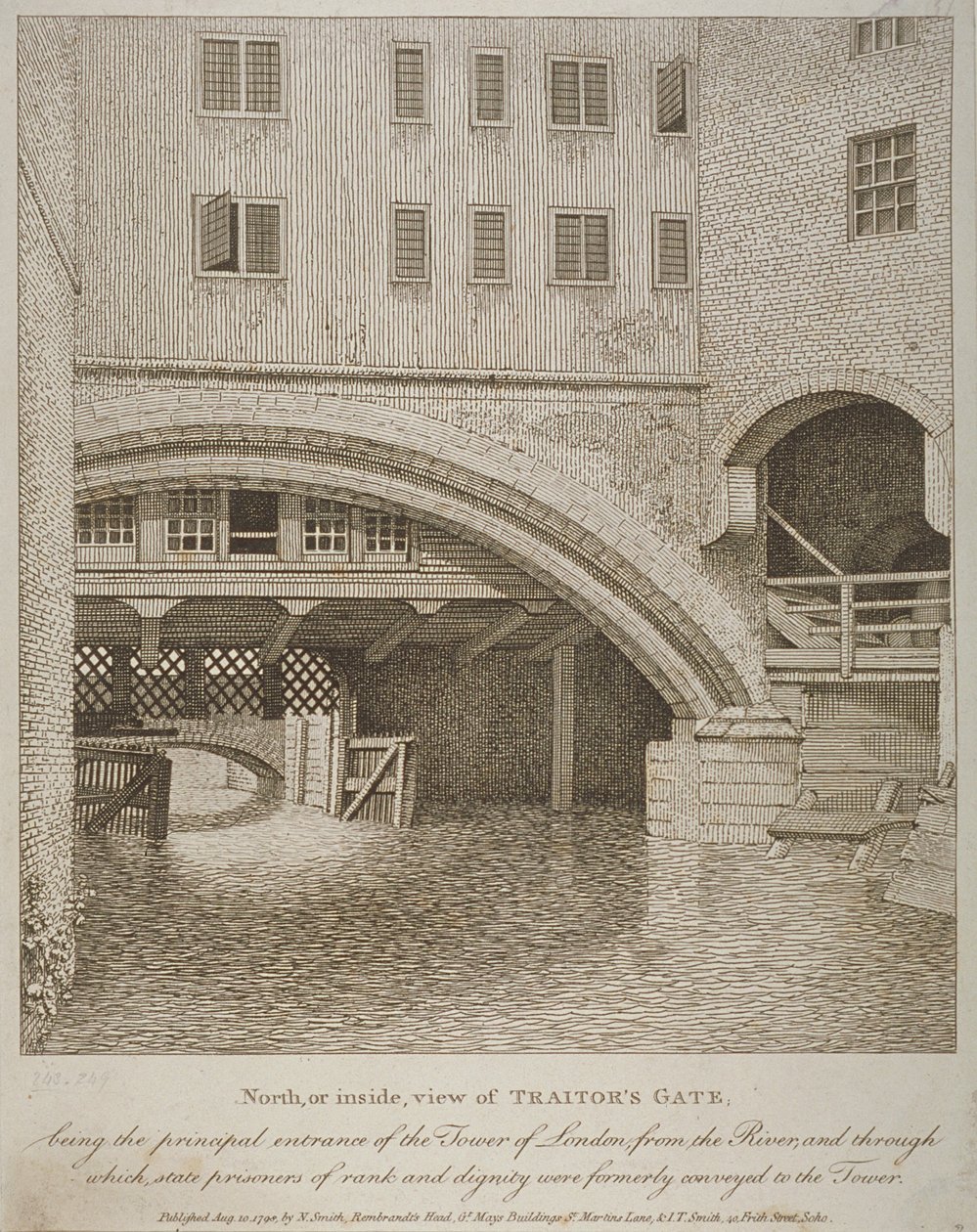 North View of Traitors Gate, Lontoon Tower, julkaisija Nathaniel Smith (fl.1740-1802) 1798 tekijältä English School