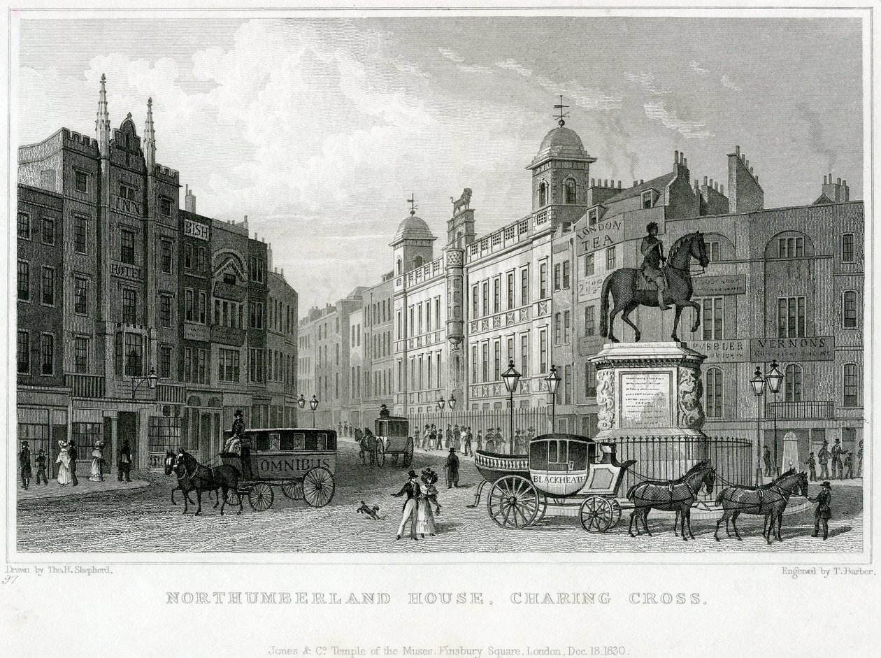 Northumberland House, Charing Cross. Bishs Lottery Office, No 9 Charing Cross, on Golden Cross -hotellin vieressä tekijältä English School