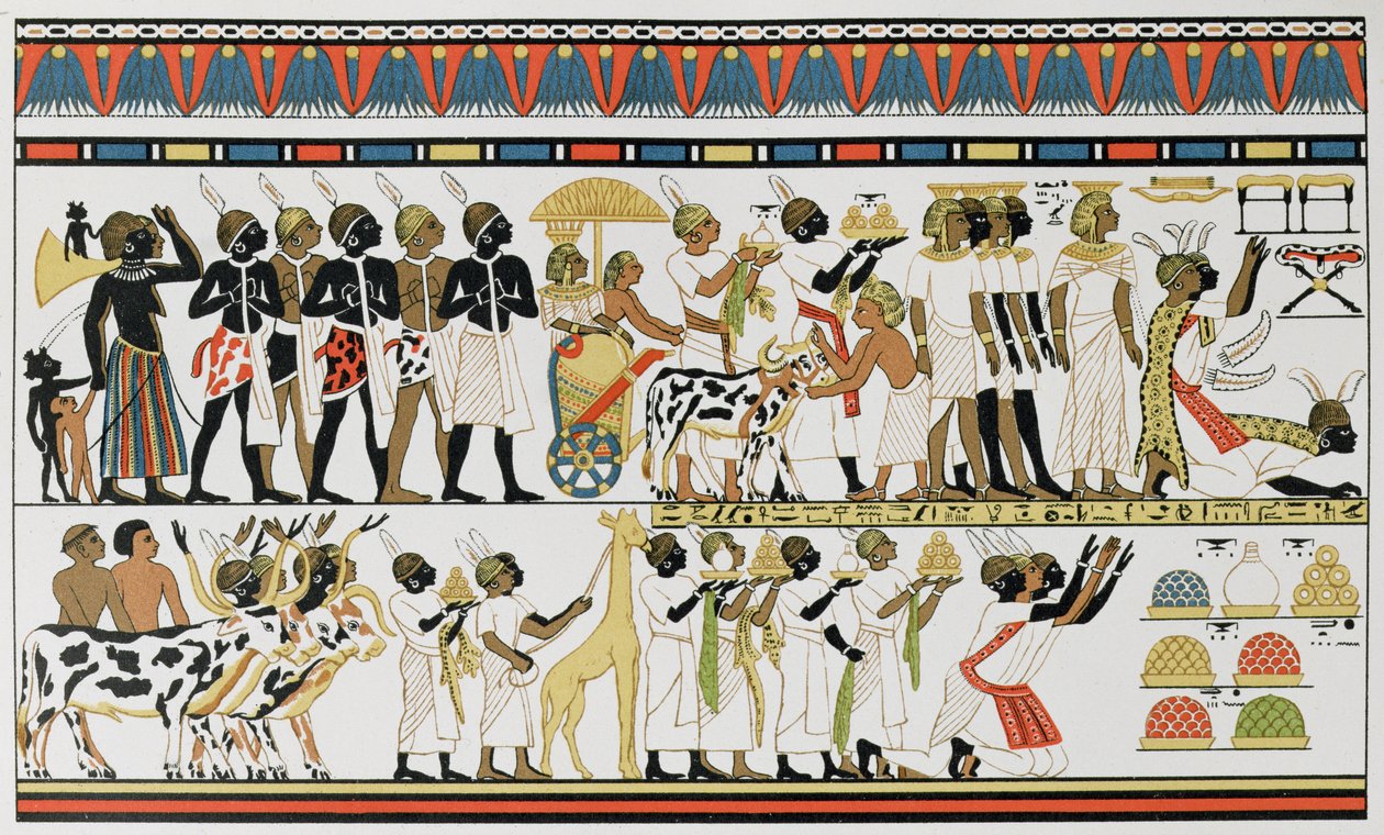 Nubian päälliköt tuomassa lahjoja Egyptin kuninkaalle, kopio muinaisen egyptiläisen seinämaalauksesta Thebassa sijaitsevasta haudasta, noin 1380 eKr., Prof. Friedrich Ratzelin teoksesta The History of Mankind, Vol. III, prof. Friedrich Ratzel, 1898 tekijältä English School