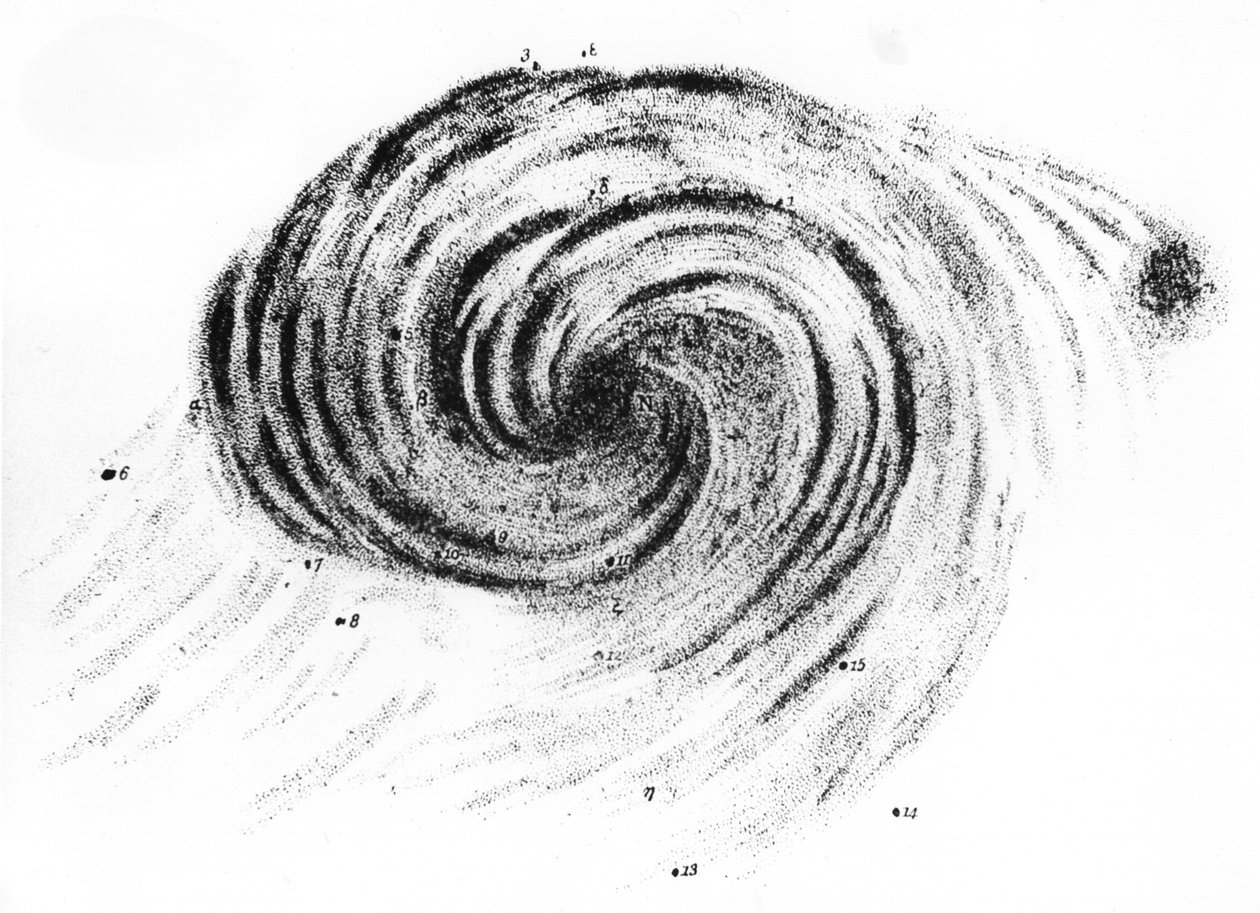 Pyörregalaksin havainnointi Canes Venaticissa, lordi Rossen Observations of Nebulae -julkaisusta, julkaistu Lontoossa, 1850 tekijältä English School