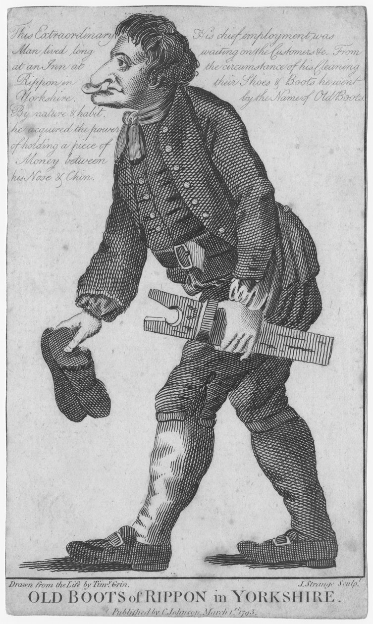 Vanhat Ripponin saappaat Yorkshiressa, kaiverrettu J. Strange (1700-luku) Timothy Grinin piirustuksen mukaan, julkaissut C. Johnson, 1793 tekijältä English School