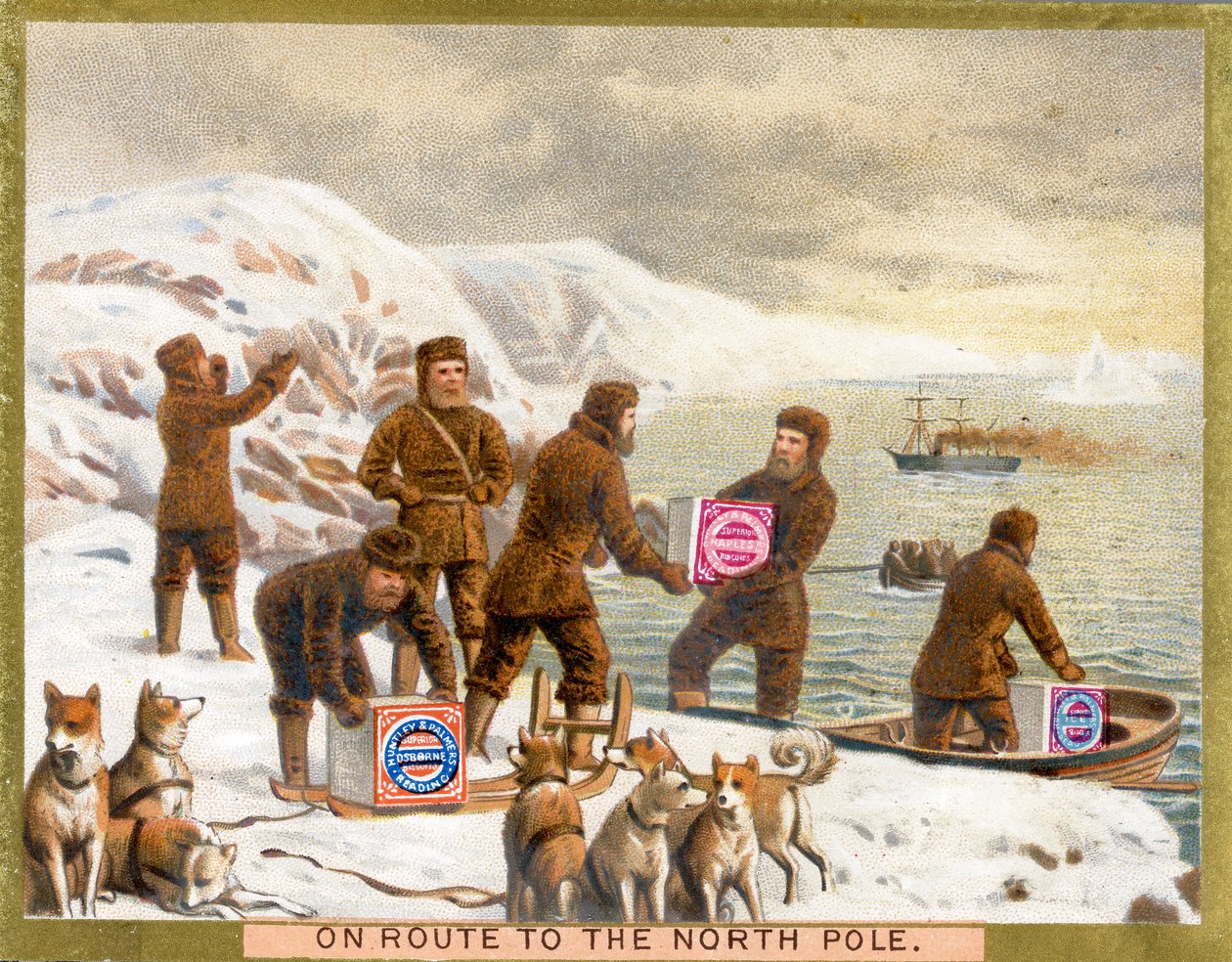 Matkalla pohjoisnavalle, mainoskortti Huntley & Palmers Biscuitsille, n. 1890 tekijältä English School