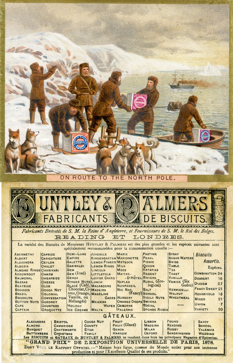 Reitillä pohjoisnavalle Ranskan markkinoille tuotetun Huntley & Palmers Biscuits -kampanjakortin etu- ja takapuoli, 1890 tekijältä English School