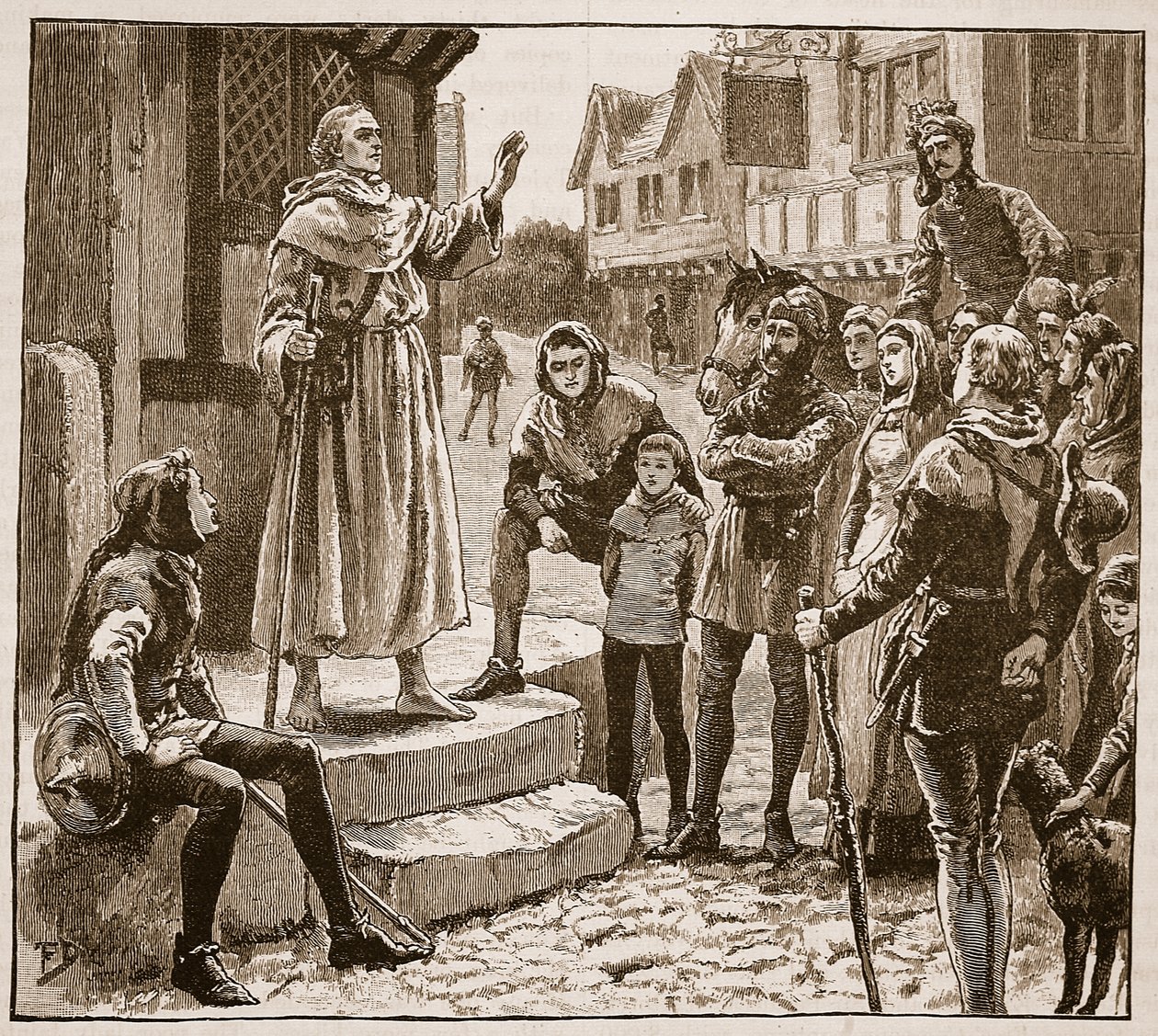 Yksi Williamsin köyhistä papeista saarnaamassa ihmisille, kuvitus Cassells Illustrated History of Englandista (seepiakuva) tekijältä English School