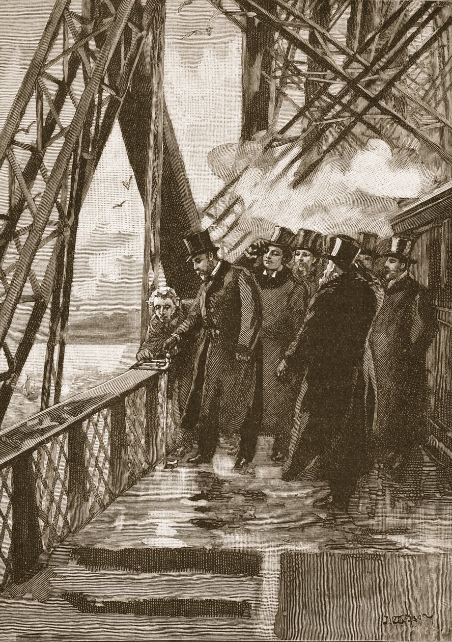 Walesin prinssi avaa Forth Bridgen 4. maaliskuuta 1890, kuvitus Cassells Illustrated History of Englandista (seepiakuva) tekijältä English School