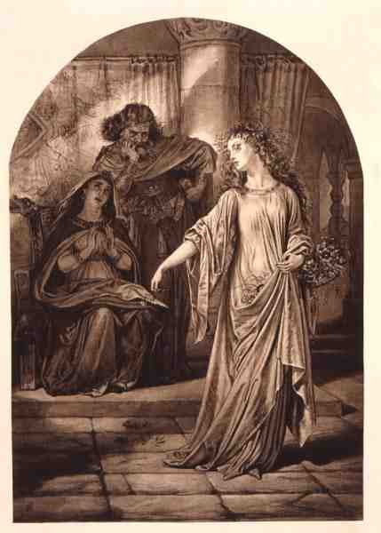 Ophelia, William Shakespearen (1564-1616) Hamletissa (kaiverrus) tekijältä English School