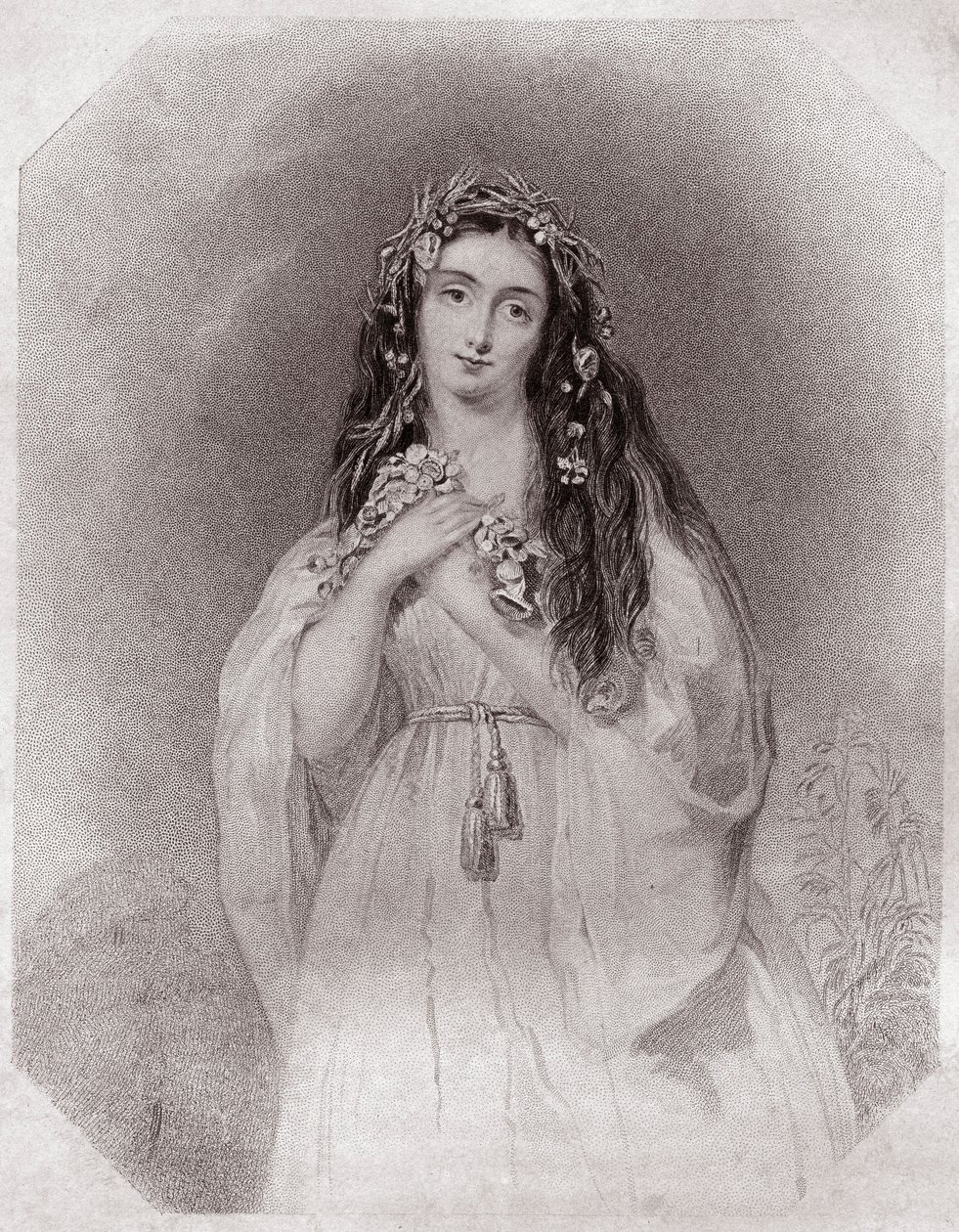 Ophelie (Ophelia) (Hamlet) - "" Shakespearen naisten galleriassa, kokoelma neljäkymmentäviisi vakavaa muotokuvaa varhaisilta Lontoon taiteilijoilta, rikastettu kriittisillä ja kirjallisilla huomautuksilla"""" noin 1838 - "" Gallery of the Women of Shakespe tekijältä English School