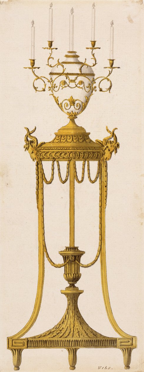 Alkuperäinen suunnittelu jalustalle ja kynttilän maljakoille, Robert ja J. Adamin teoksesta "Works in Architecture", 1773 tekijältä English School