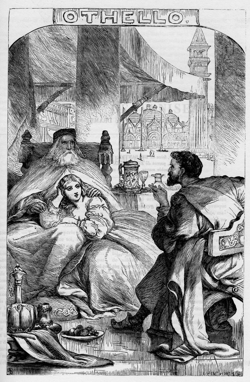 Othello, Venetsian mauri - kuvitus kirjassa "" Completes by William Shakespeare"" 1866 - Tämän painoksen kuvitukset ja yleinen muoto on lainattu Cassellin kuvitetusta Shakespearesta, joka julkaistiin Lontoossa tekijältä English School