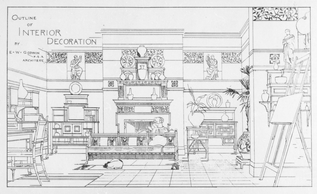 Outline of Interior Decoration, suunnittelija E. W. Godwin, kuvitus brittiläisestä arkkitehdista, 1. heinäkuuta 1881 tekijältä English School