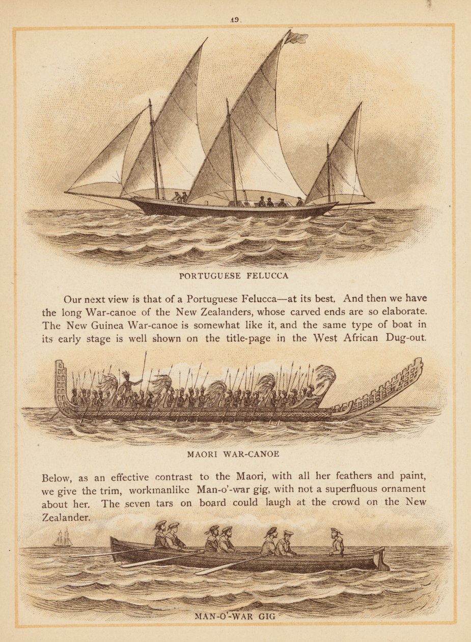 Sivu teoksesta The Boats of the World, 1800-luvun loppupuoli (värilitografia). tekijältä English School