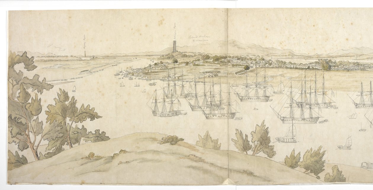 Panorama (vasemmalla puolisko) Whampoasta Dane Islandilta, brittiläinen ja amerikkalainen laivaus ankkurissa tekijältä English School