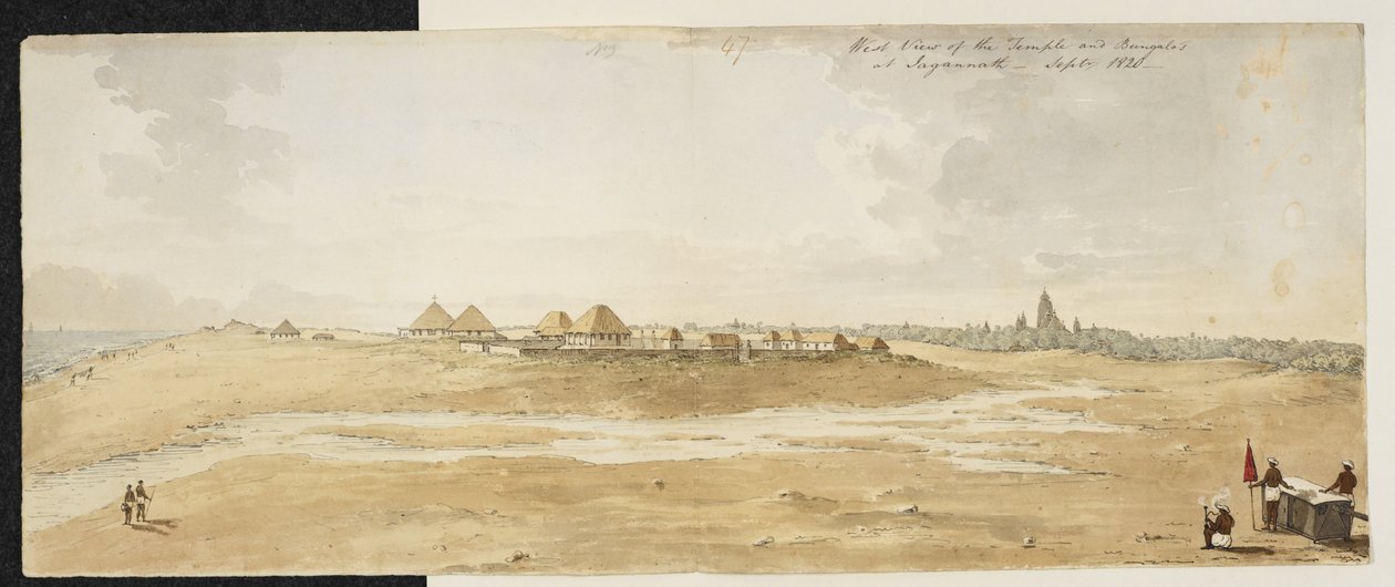 Panoraama Jagannathin suuresta temppelistä, Puri (Orissa), otettu lännestä, jossa näkyy eurooppalaisia bungaloweja etualalla meren rannalla, syyskuu 1820 (akvarelli paperille) tekijältä English School