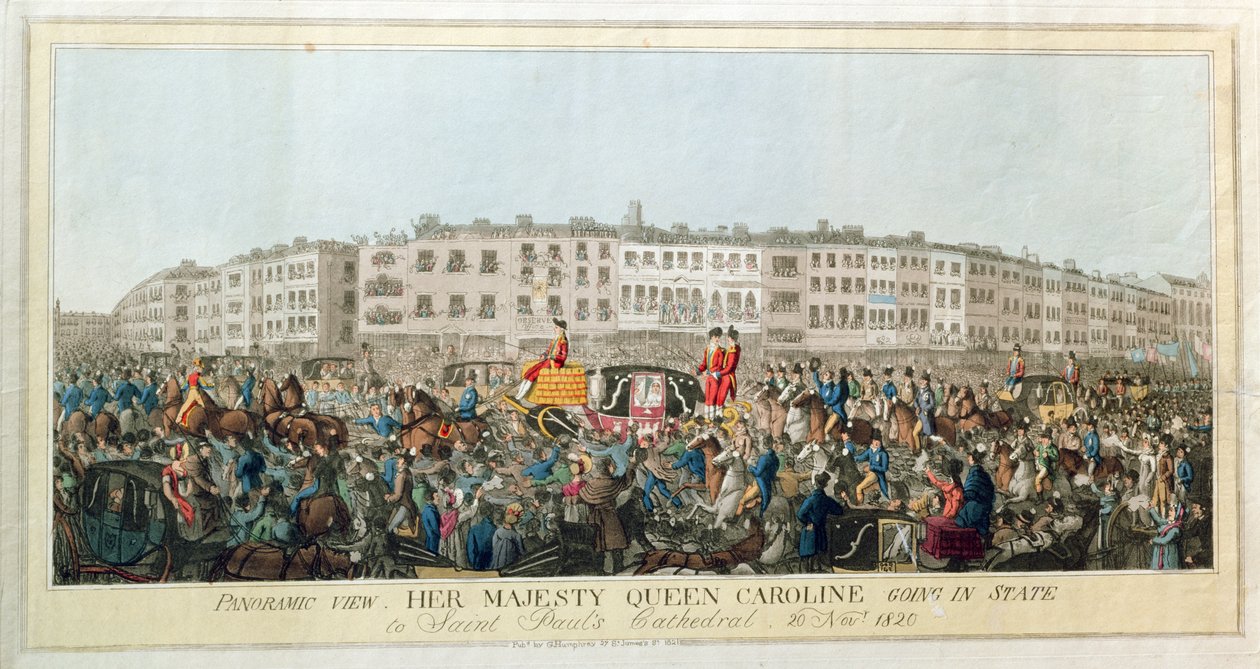 Panoramanäköala. Hänen Majesteettinsa kuningatar Caroline menossa osavaltioon St. Paulin katedraaliin, 20. marraskuuta 1820, pub. 1821 (akvatinta paperilla) tekijältä English School
