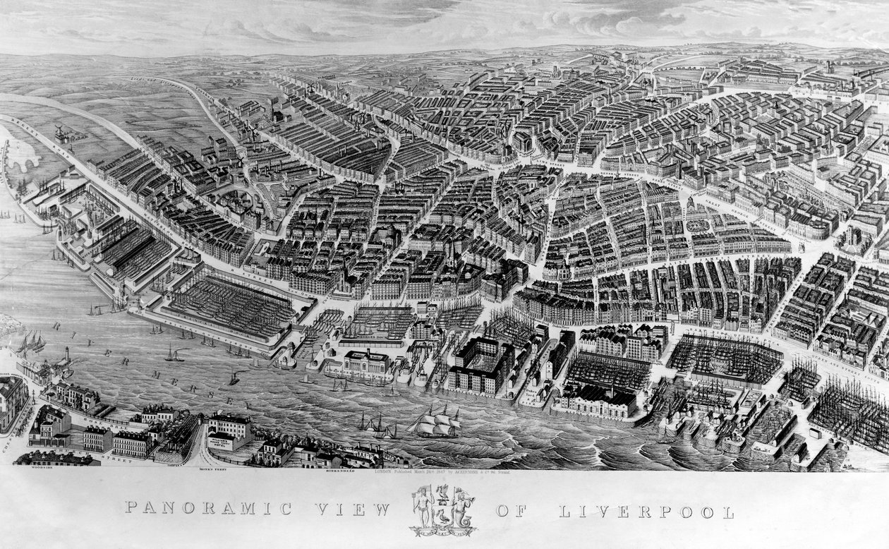 Panoraamanäkymä Liverpoolista, Ackermanin akvarellin mukaan, 1847 tekijältä English School