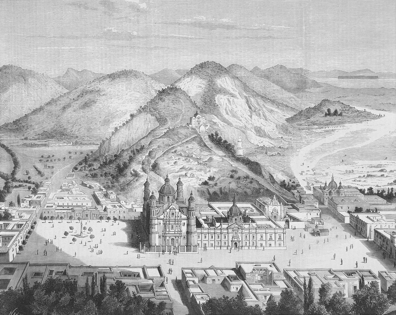 Panoraamanäkymä Basilica de Guadalupe, Mexico City 1880 (kaiverrus) tekijältä English School