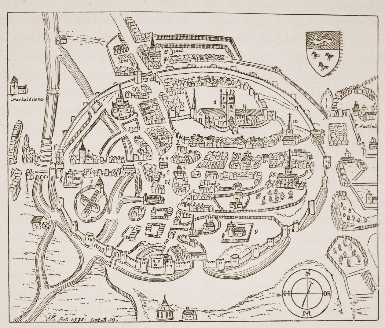 Panoraamanäkymä Canterburysta 1500-luvulla, kuvitus Englannin kirkosta: Ihmisten historia, H.D.M. Spence-Jones, pubi. n. 1910 (seepiavalokuva) tekijältä English School
