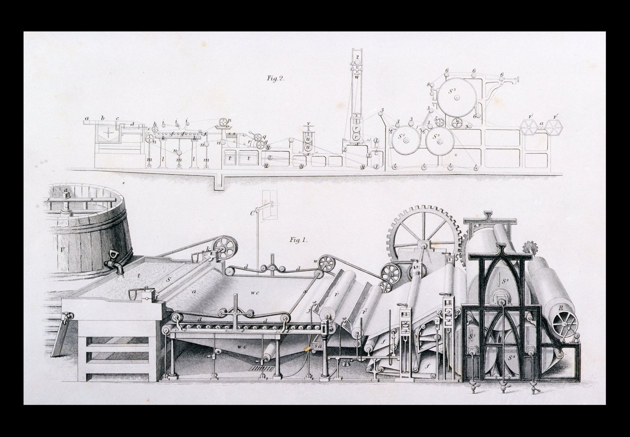 Paperinvalmistuskone Cyclopaedia of Useful Arts & Manufacturesta, toimittanut Charles Tomlinson, noin 1880-luku tekijältä English School