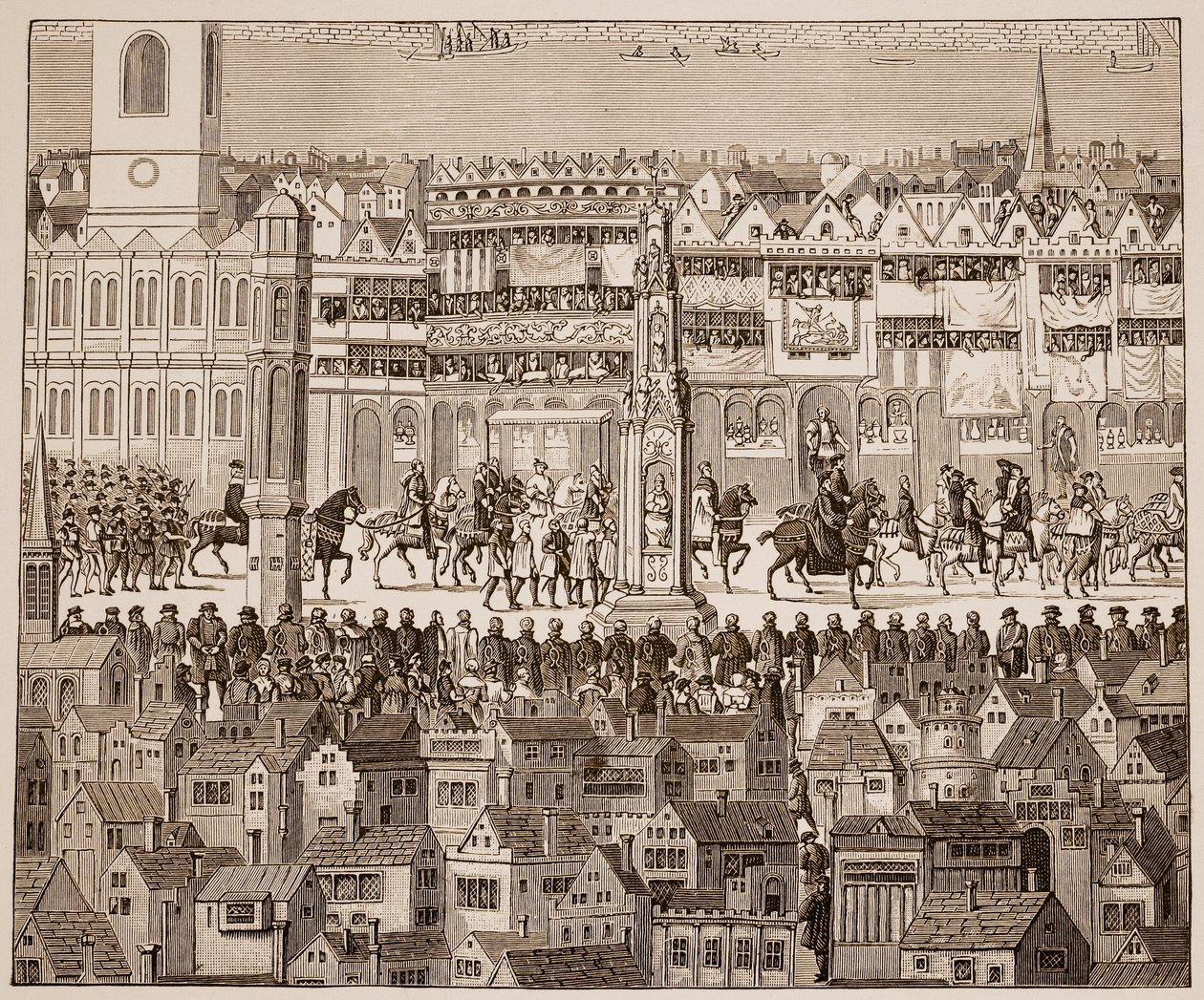 Osa Edward VI:n kruunauskulkueesta 1547 1500-luvun akvarellin jälkeen (seepiakuva) tekijältä English School