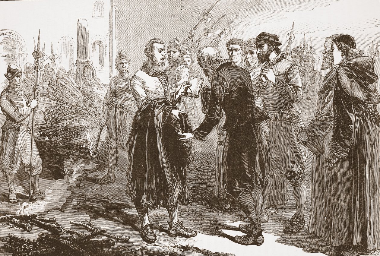 Patrick Hamiltonin eroaminen ystävistään roviolla, kuvitus James Aitken Wylien (1808-1890) teoksesta The History of Protestantism, pub. 1878 tekijältä English School