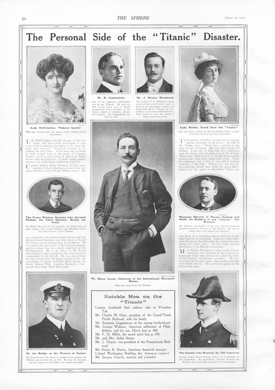RMS Titanicin matkustajat, valokuvia ja tietoa Titaniciin liittyvistä merkittävistä ihmisistä, The Spherestä, 27. huhtikuuta 1912 tekijältä English School
