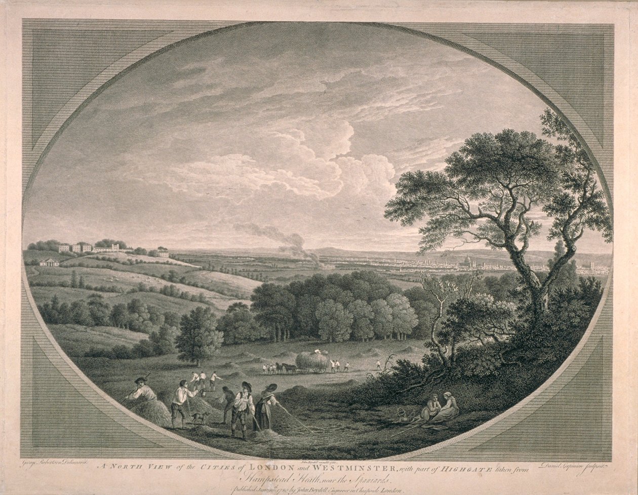 Pastoraalinen näkymä Westminsterin kaupungeista ja osasta Highgatea, 1780 tekijältä English School
