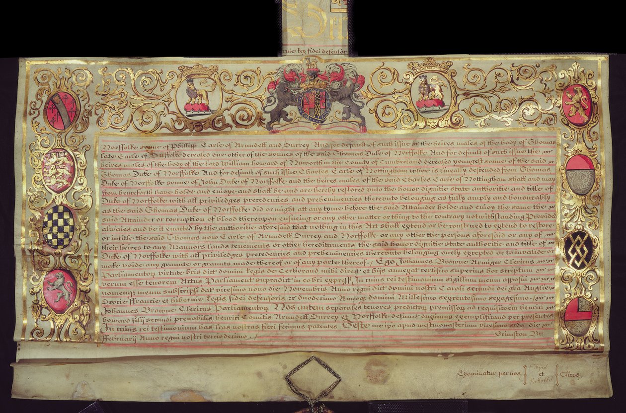 Patentti Norfolkin herttuakunnan entisöintiin, Kaarle II, 1660 (muste ja kultalehti perunakalvolla) tekijältä English School
