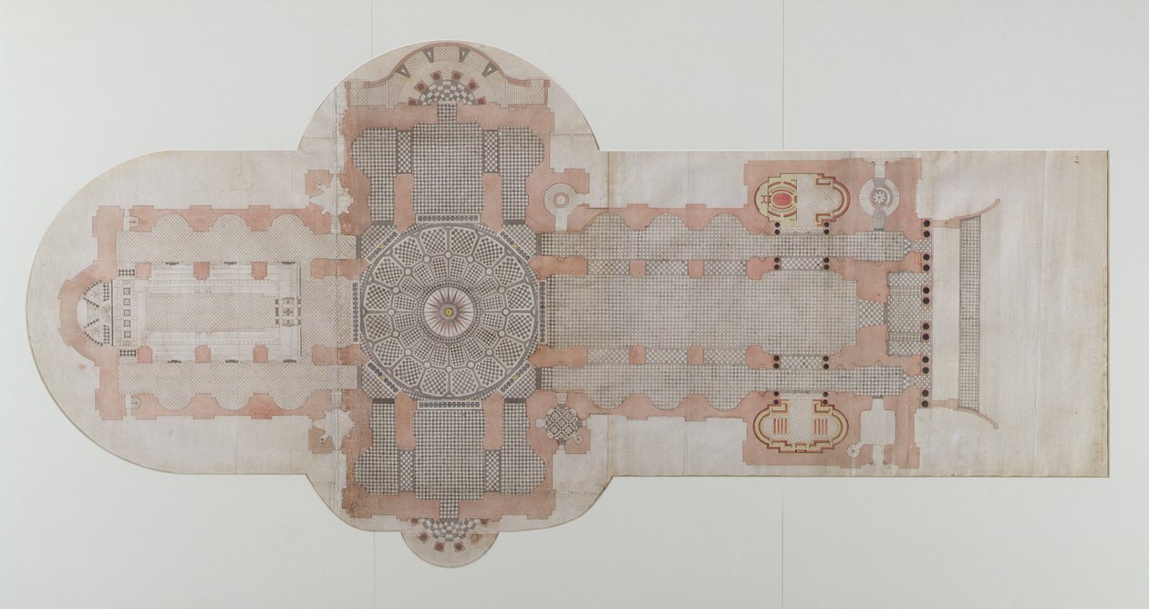 St. Paulin katedraalin päällystyssuunnitelma, sellaisena kuin se on toteutettu, n. 1710 (kynän ja musteen pesu paperille) tekijältä English School