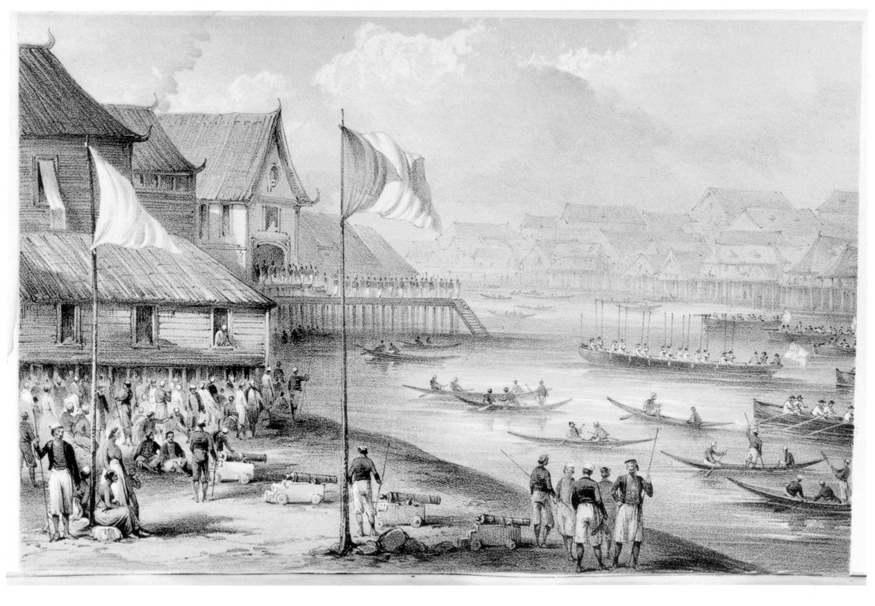 Pax Britannica saapuu Borneon kylään, Rodney Mundyn 1848:n osan 2 Narrative of Events in Borneo and Celebes, Down to the Occupation of Labuan. tekijältä English School
