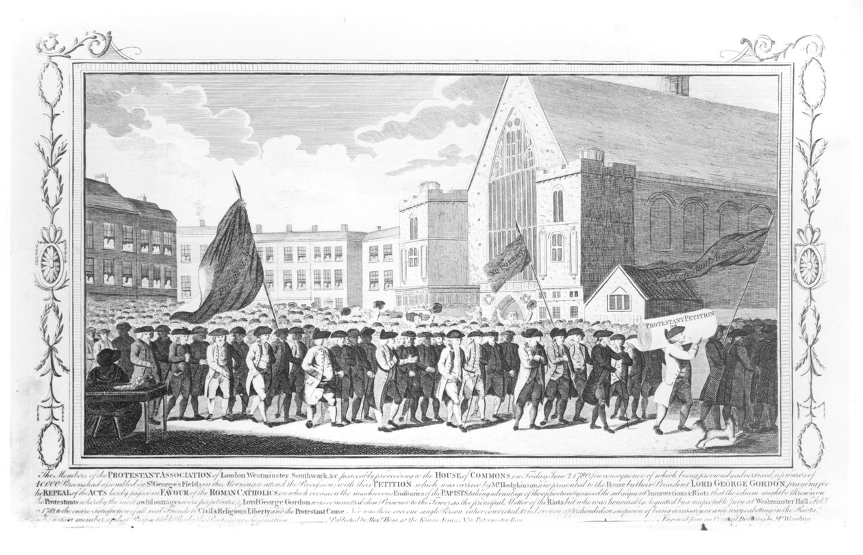 Protestanttisen yhdistyksen jäsenten rauhanomainen kulkue alahuoneeseen perjantaina 2. kesäkuuta 1780. tekijältä English School