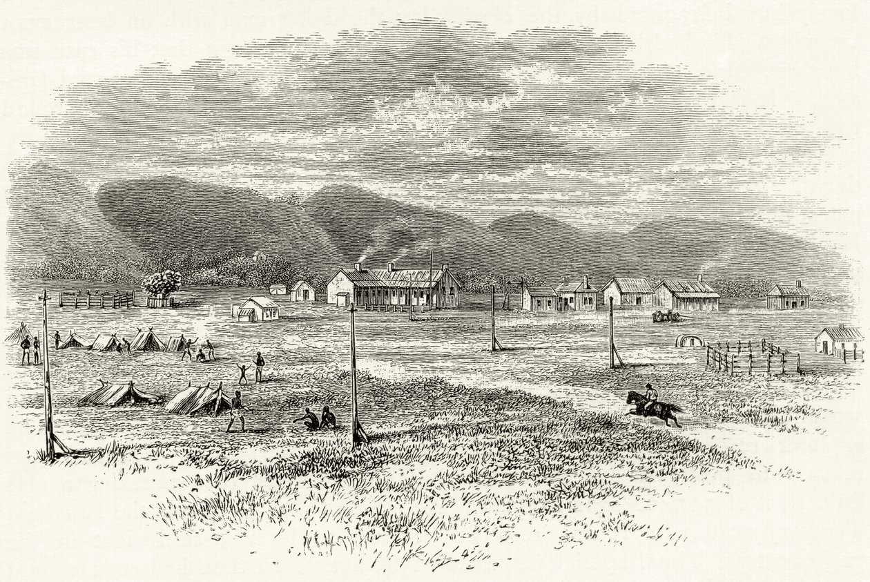 Peake Overland Telegraph Station, Etelä-Australia, n. 1880, Howard Willoughbyn "Australian Pictures" -julkaisusta, julkaisija Religious Tract Society, Lontoo, 1886 tekijältä English School