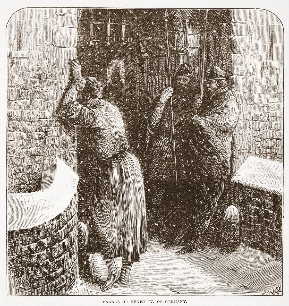 Saksalaisen Henry IV:n katumus, kuvitus James Aitken Wylien (1808-1890) Protestantismin historiasta, pub. 1878 tekijältä English School