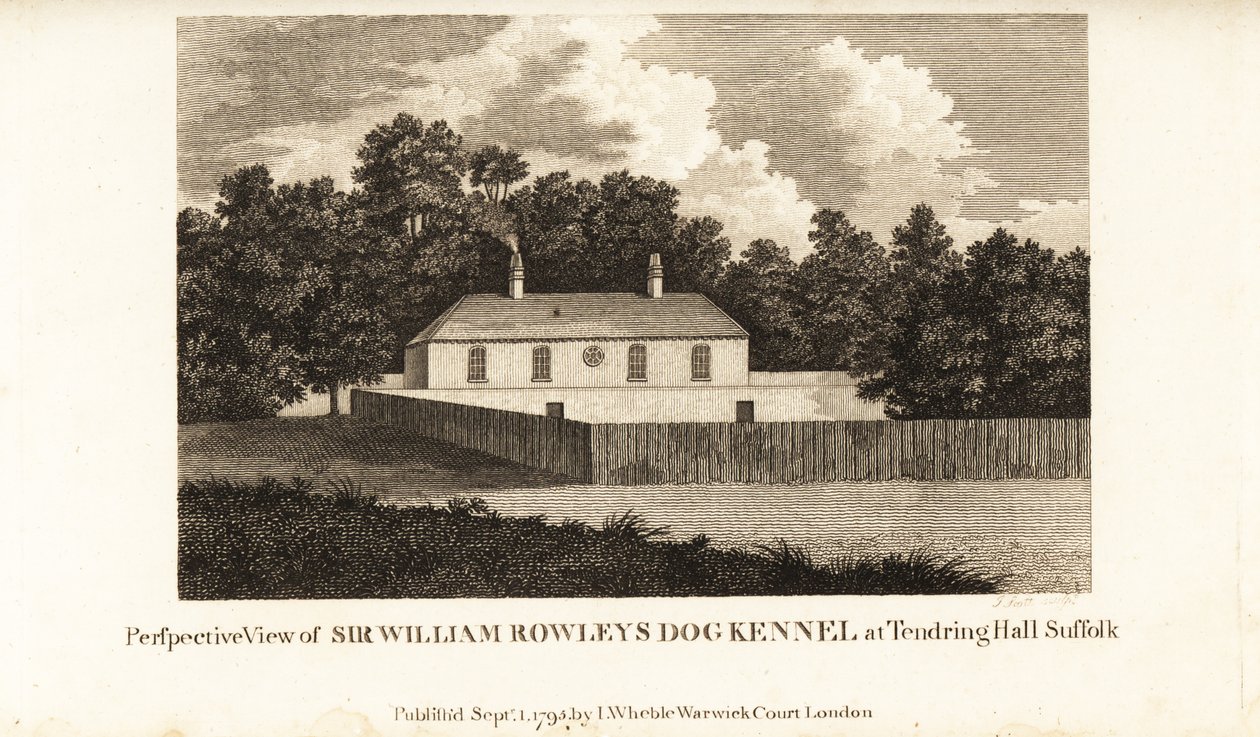 Perspektiivinäkymä Sir William Rowleyn koirakennelista Tendring Hall Suffolkissa tekijältä English School