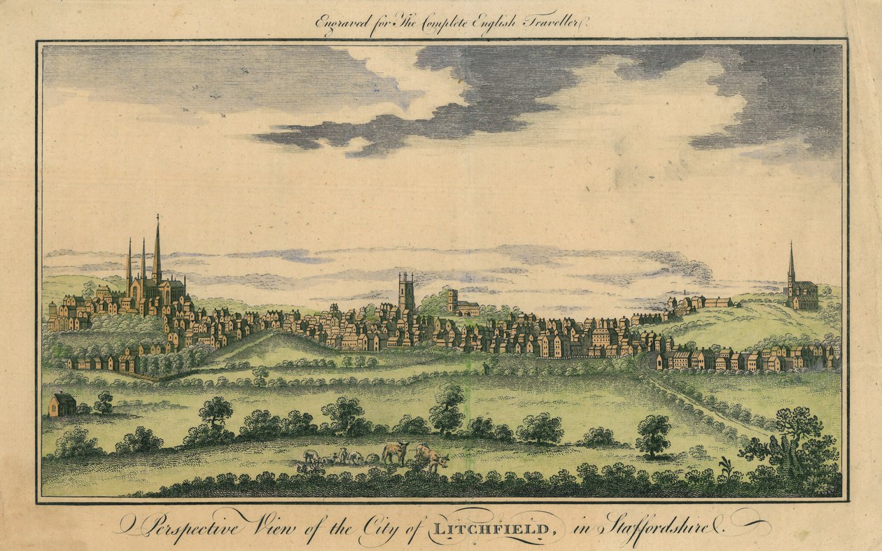 Perspektiivinäkymä Lichfieldin kaupungista, n. 1795-1798 tekijältä English School