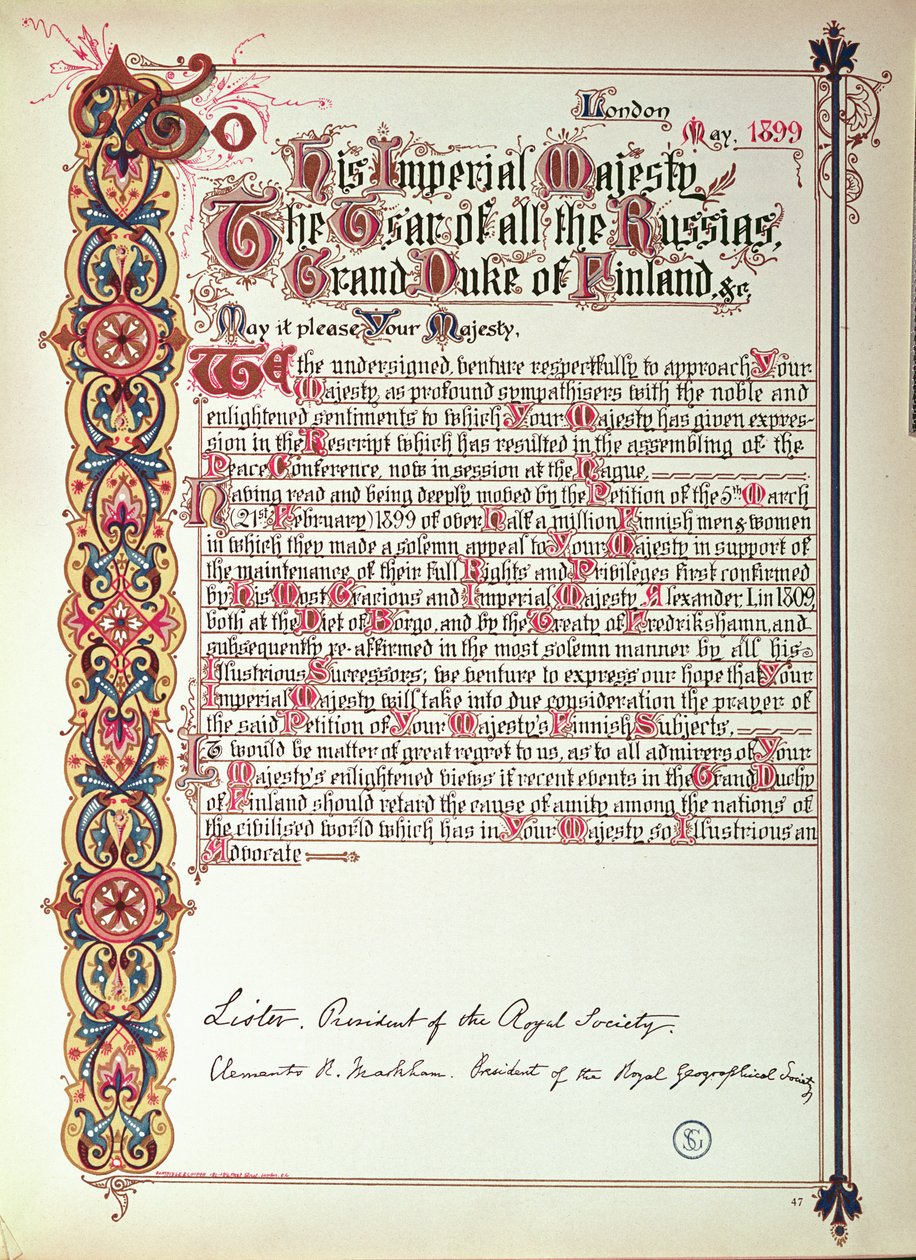 Vetoomus Venäjän tsaari Nikolai II:lle Suomen venäläistämistä vastaan, 1899 (valopaperi) tekijältä English School