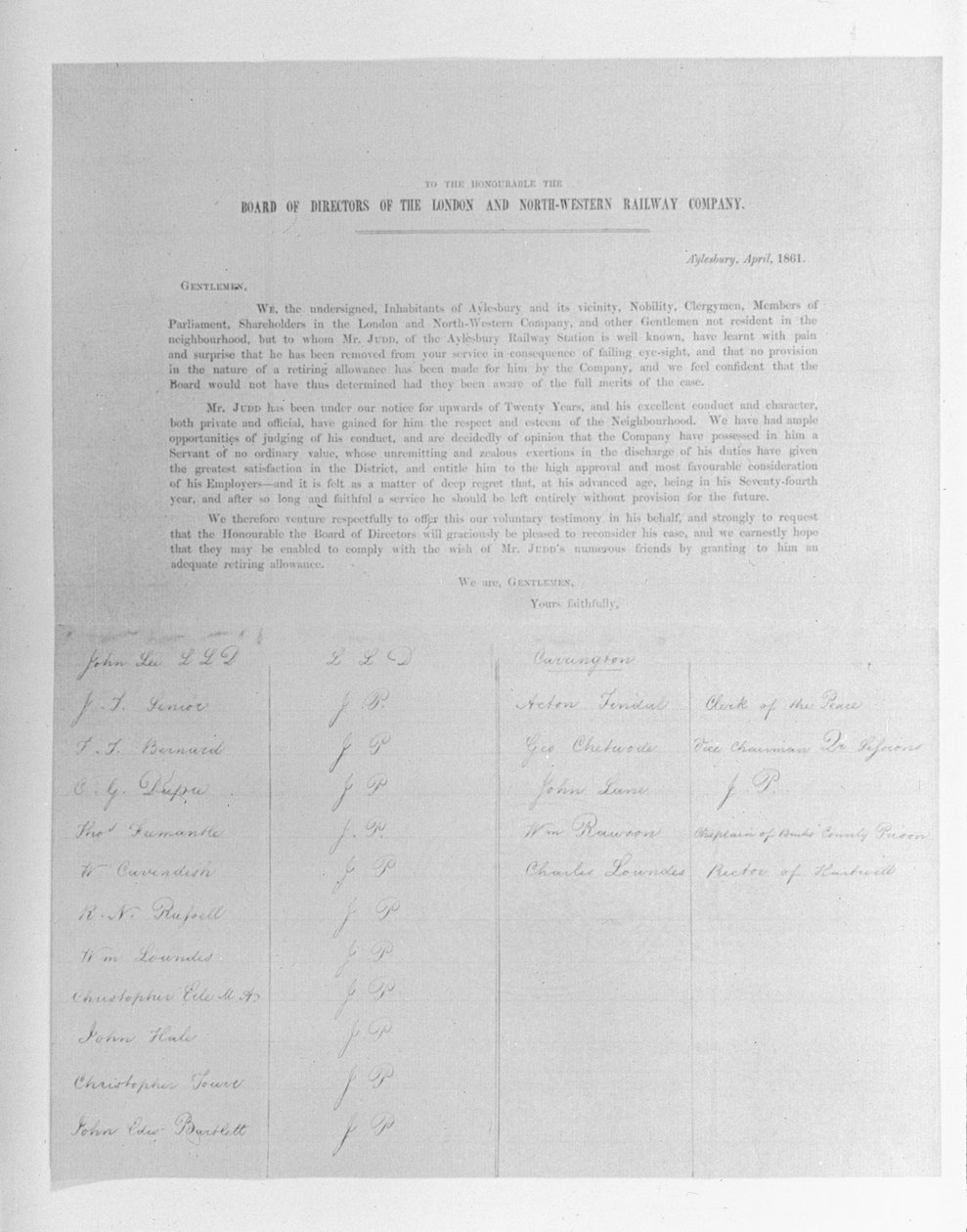 Vetoomus London and North-Western Railway Companyn johtajille näön heikkenemisen vuoksi irtisanotun työntekijän puolesta, 1861 tekijältä English School