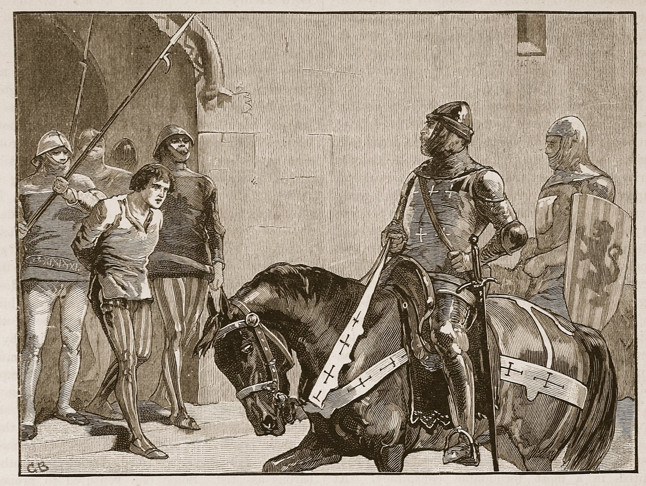 Piers Gaveston ennen Earl of Warwickia, kuvitus Cassells Illustrated History of Englandista (seepiakuva) tekijältä English School
