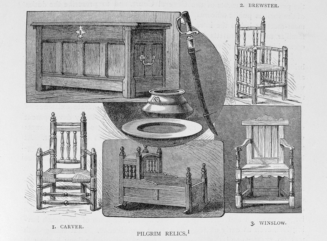 Pilgrim Relics, kuvitus kirjan "Narrative and Critical History of America" III osasta, 1886 tekijältä English School
