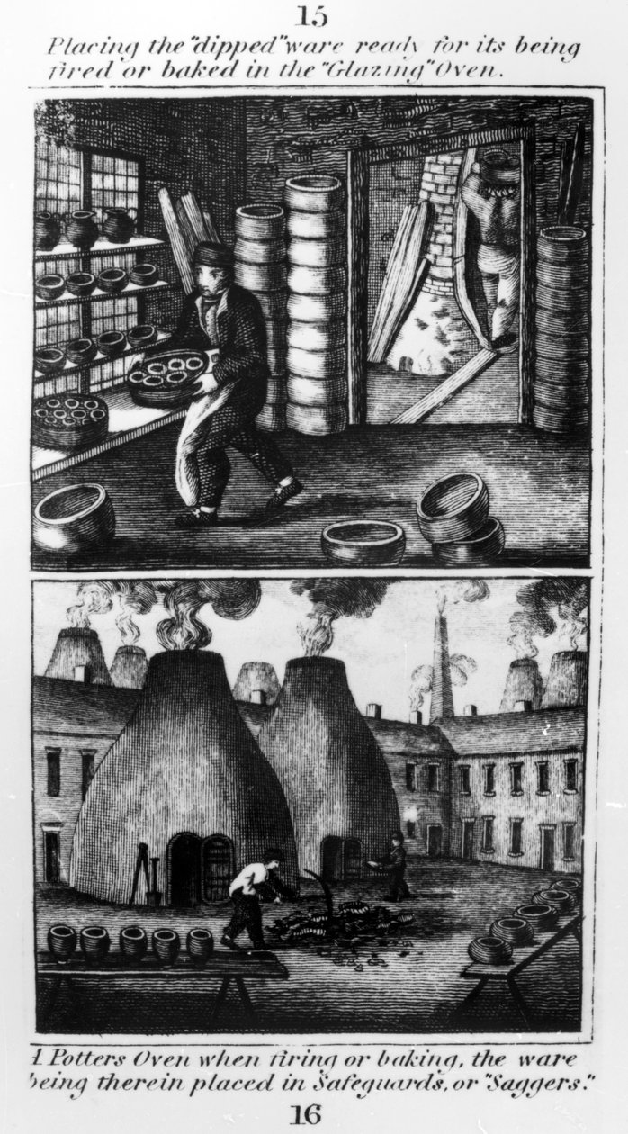 Kastettujen astioiden asettaminen lasitusuuniin, 1827 tekijältä English School