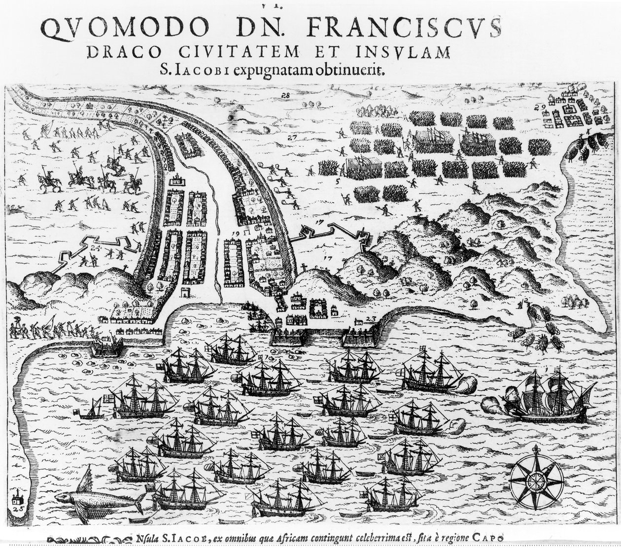 Suunnitelma näyttää kuinka Francis Drake (n. 1540-1596) hyökkäsi ja hallitsi San Jacobin saarta tekijältä English School