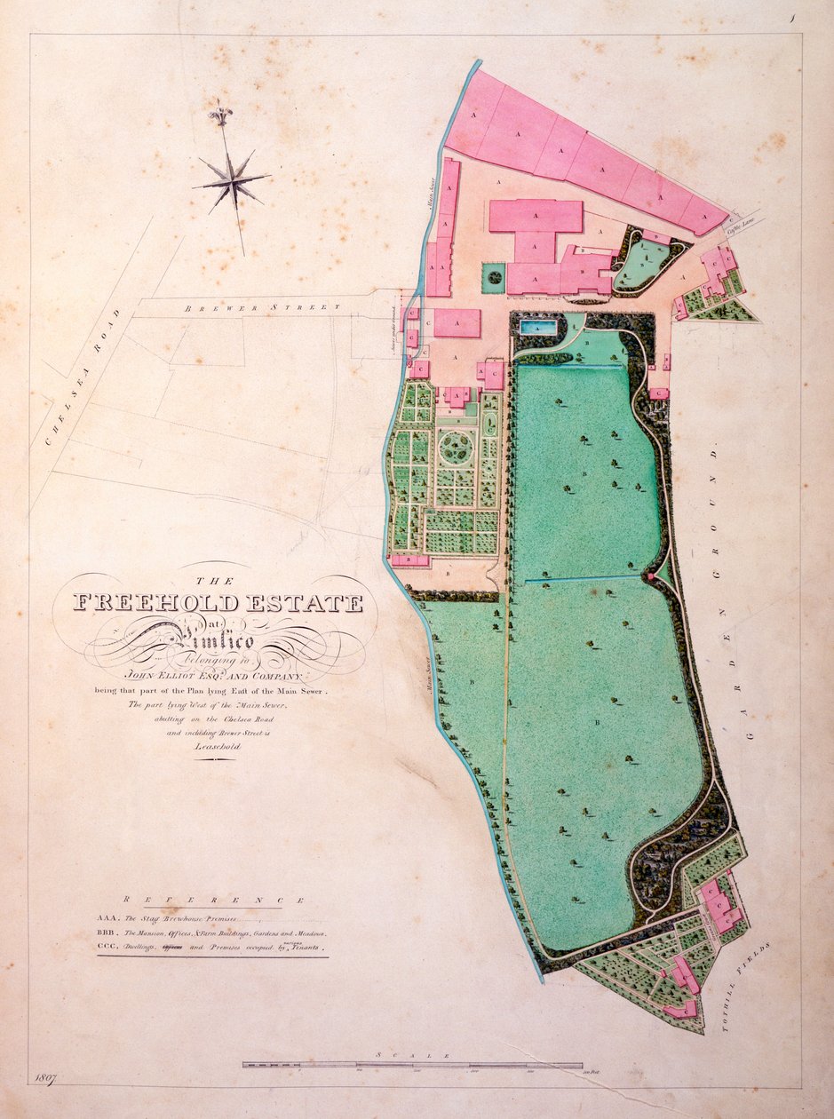 Stag Brewhousen tilojen ja tilasuunnitelma, alkuperäinen käsikirjoituspiirros George Saundersin toimistosta, n. 1807 (lyijykynä, wc ja kynä ja muste paperille) tekijältä English School