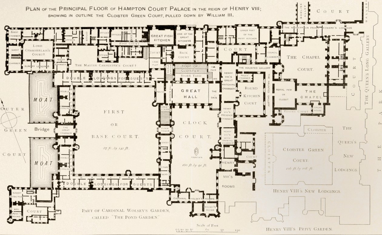 Hampton Courtin palatsin pääkerroksen suunnitelma sellaisena kuin se oli kuningas Henry VIII:n hallituskaudella Ernest Lawn Tudor Timesin historiasta Hampton Court Palacesta, julkaistu Lontoossa 1885 tekijältä English School