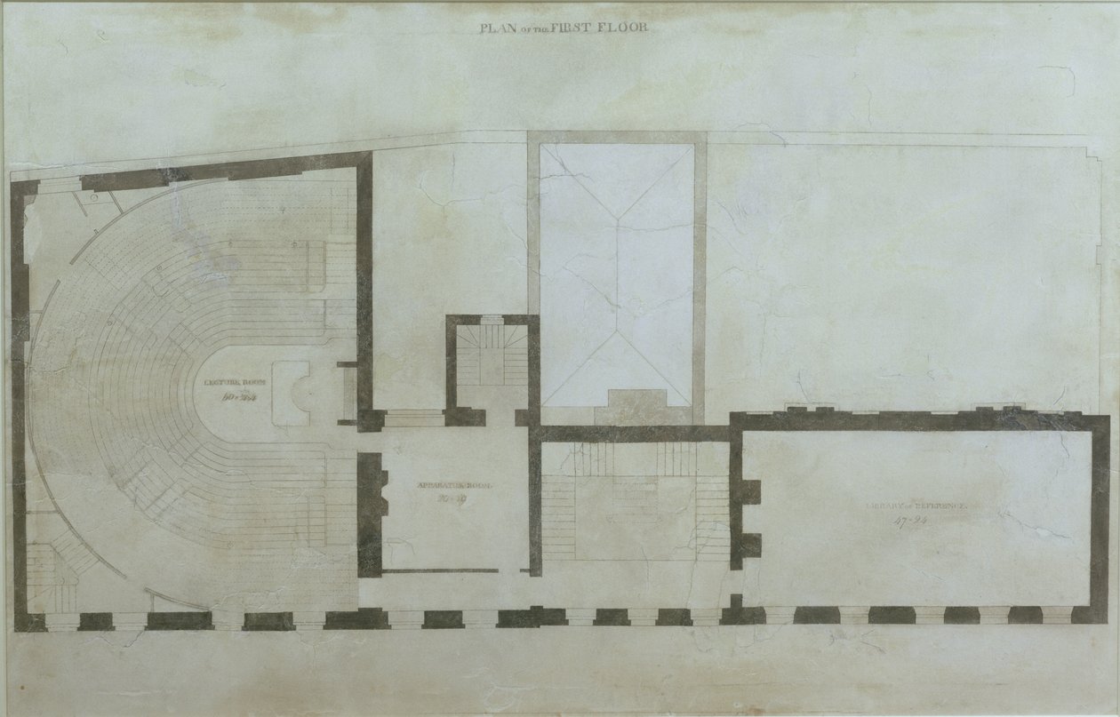 Ensimmäisen kerroksen suunnitelmat 21 Albemarle Streetistä taloon tehtyjen alkuperäisten muutosten jälkeen Royal Institutionin hankinnan jälkeen, n. 1800 (kynä ja wc paperilla) tekijältä English School