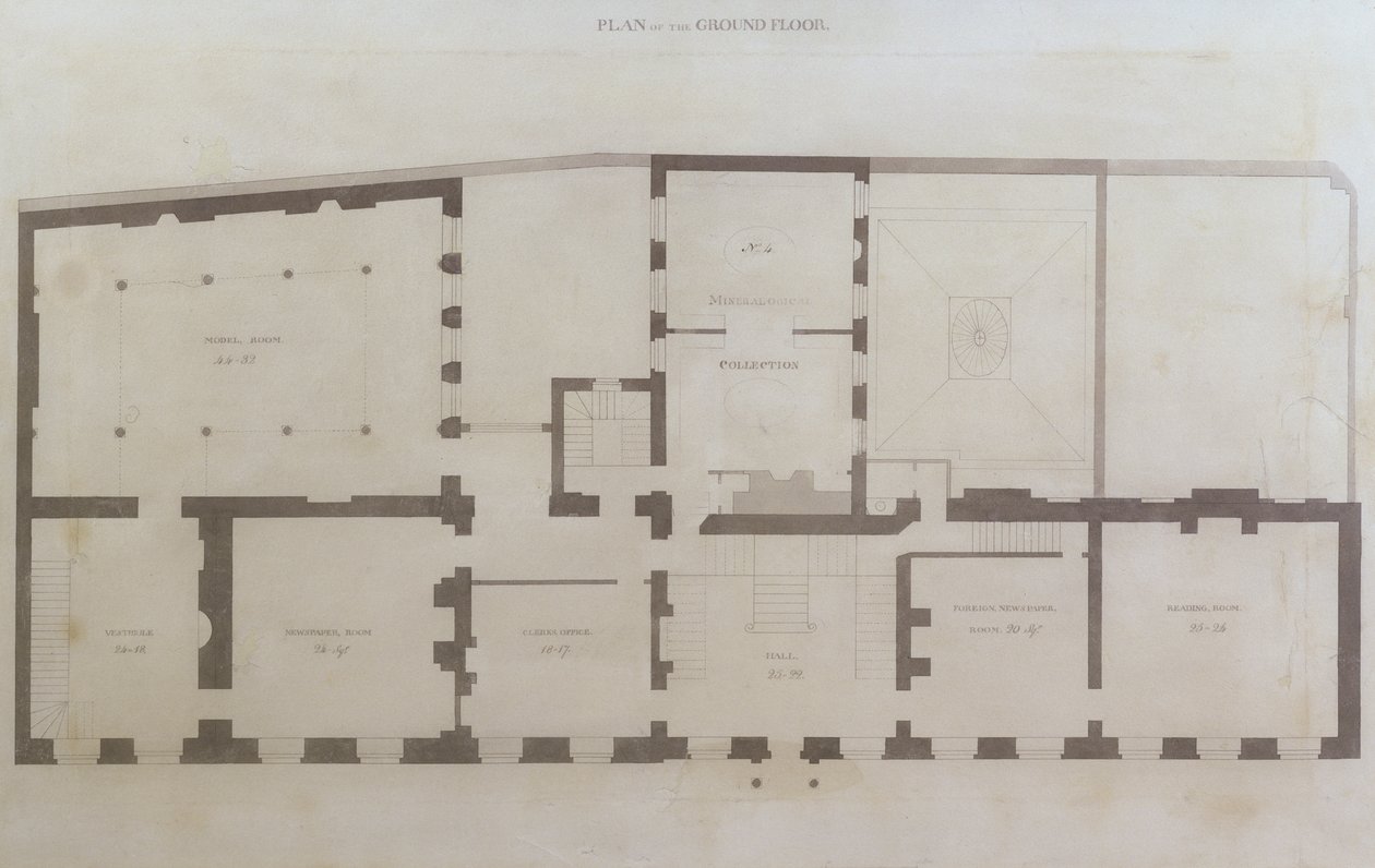 Suunnitelmat 21 Albemarle Streetin pohjakerroksesta taloon tehtyjen alkuperäisten muutosten jälkeen Royal Institutionin hankinnan jälkeen, n. 1800 (kynä ja wc paperilla) tekijältä English School