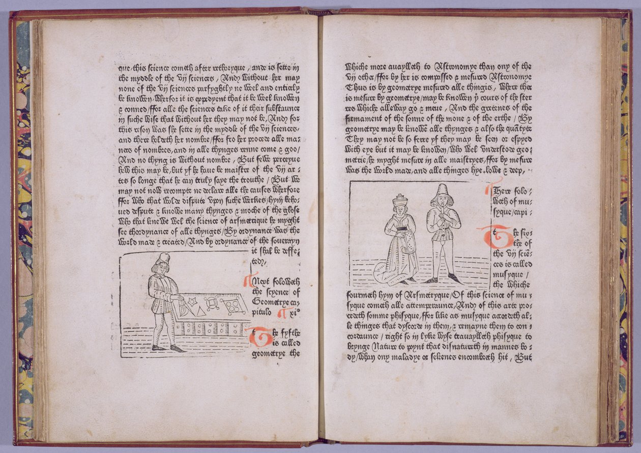 Levy C5v-C6r, William Caxtonin teoksesta "Maailman mirrouriksi kutsuttu kirja", 1481 (puupiirros ja kohopaino) tekijältä English School
