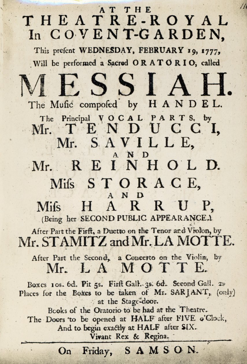 Esityslehti, joka mainostaa Händelin oratorion "Messias" esitystä vuonna 1777 (painettu paperi) tekijältä English School
