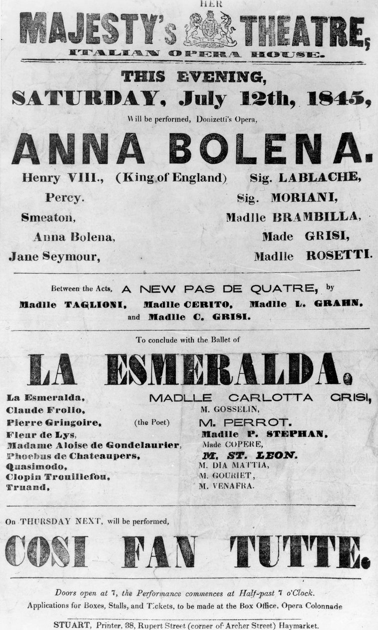 Hänen Majesteettinsa teatterin näytösluettelo, Italian oopperatalo, 1845 (painettu paperi). tekijältä English School