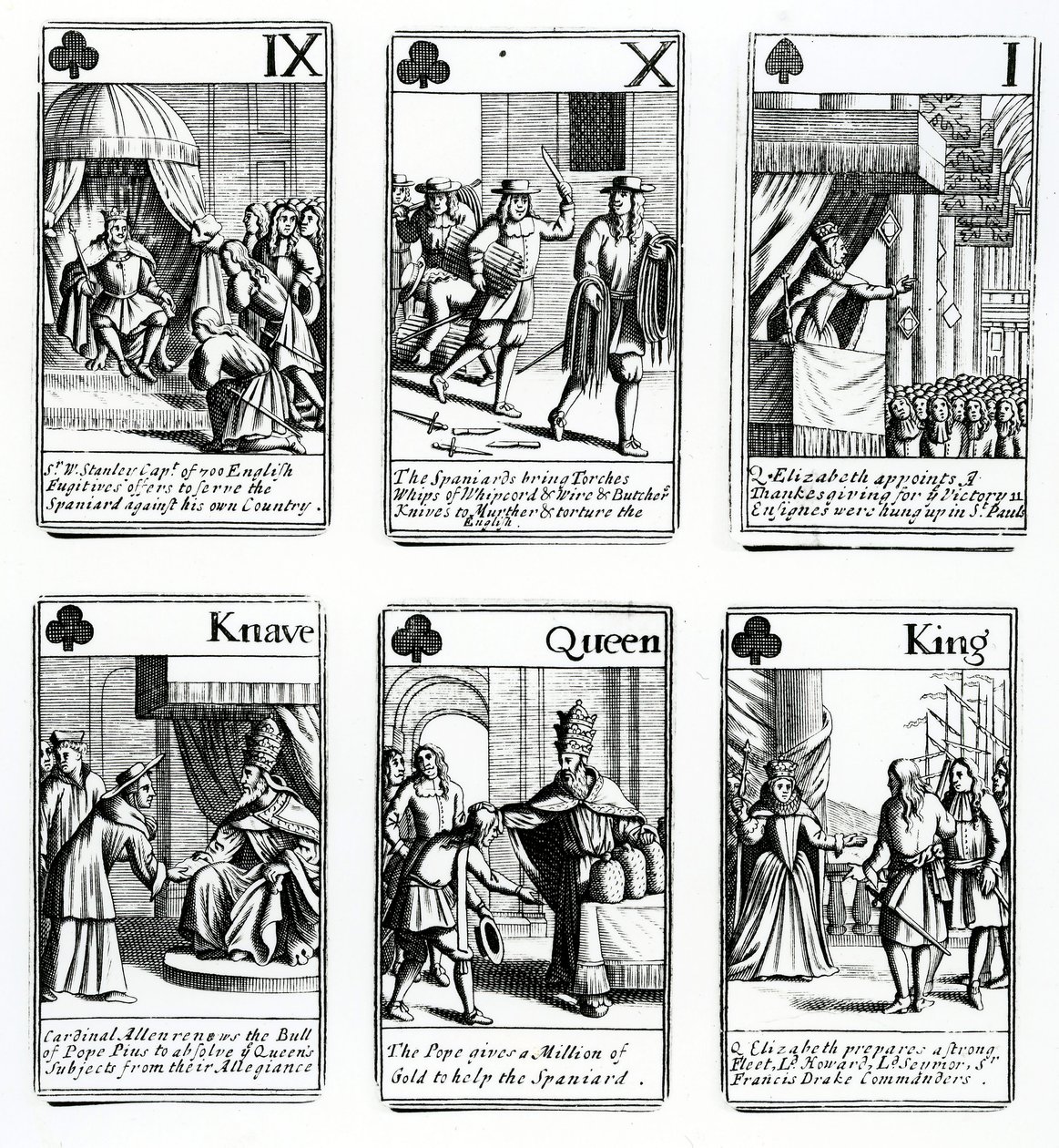 Pelikortit, jotka kuvaavat Espanjan Armadan tapahtumia, 1699 tekijältä English School