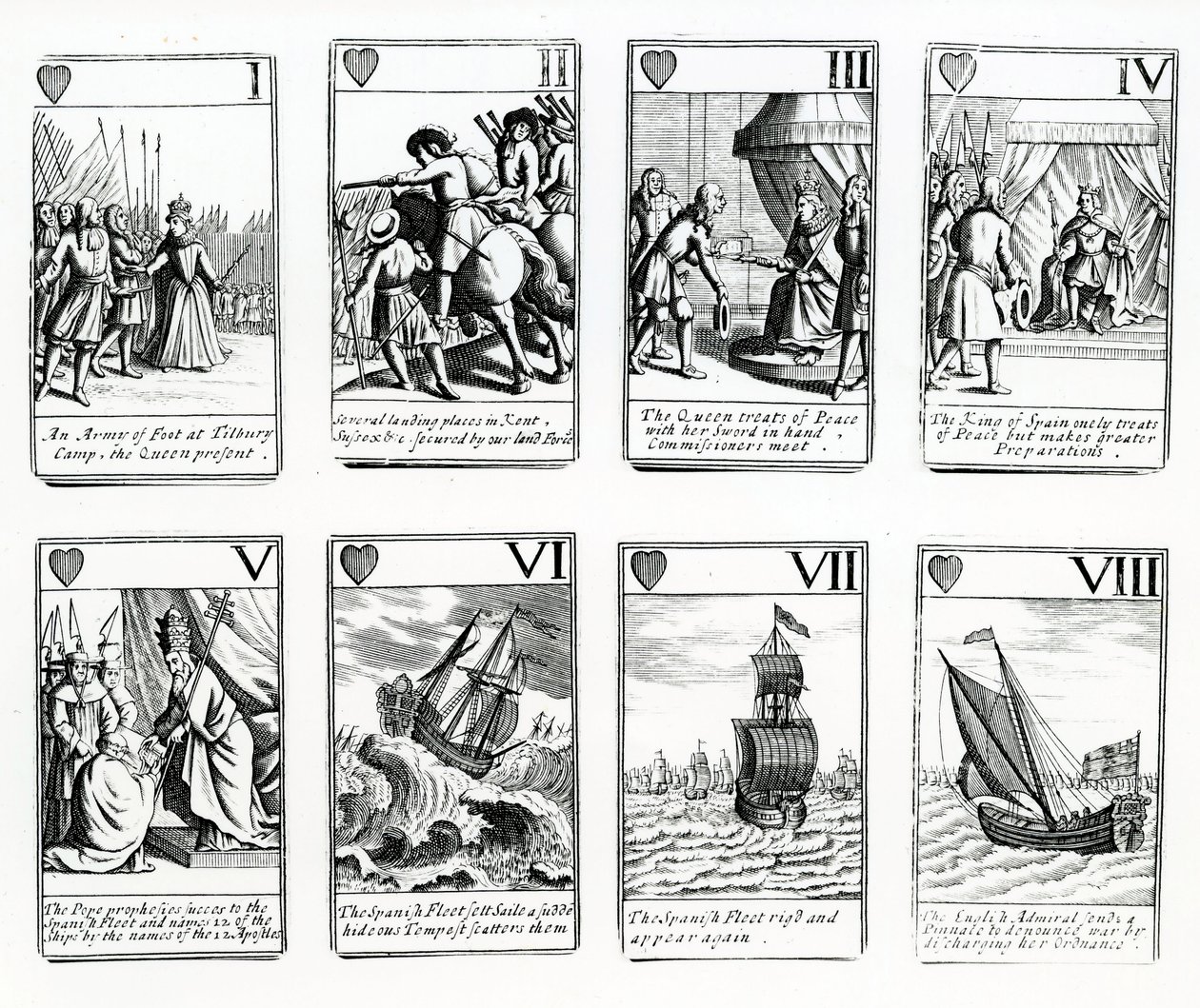 Pelikortit, jotka kuvaavat Espanjan Armadan tapahtumia, 1699 tekijältä English School