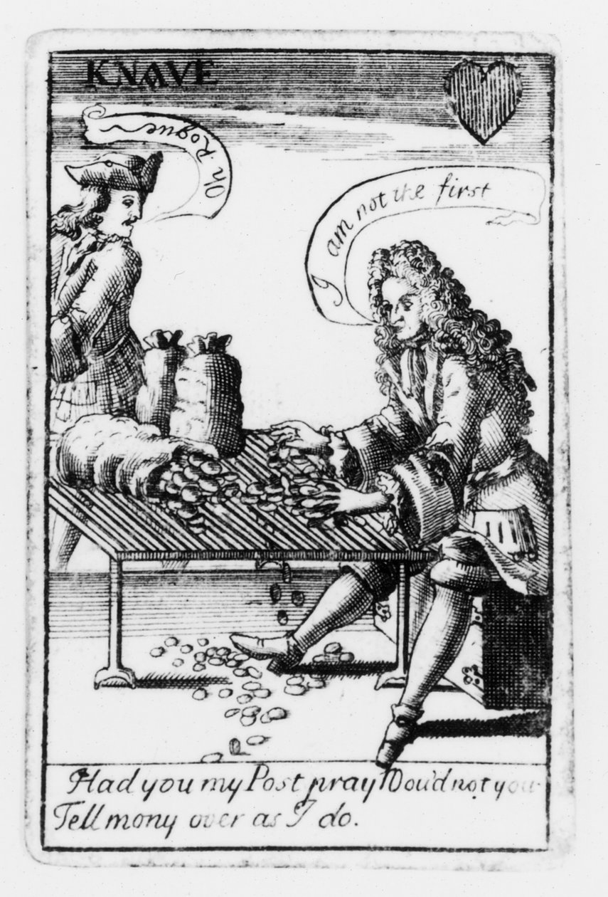 Pelikortit Espanjan perintösodan muistoksi, sydänpuku, n. 1707 (kaiverrus) (mustavalkoinen kuva) (yksityiskohta 115651) tekijältä English School